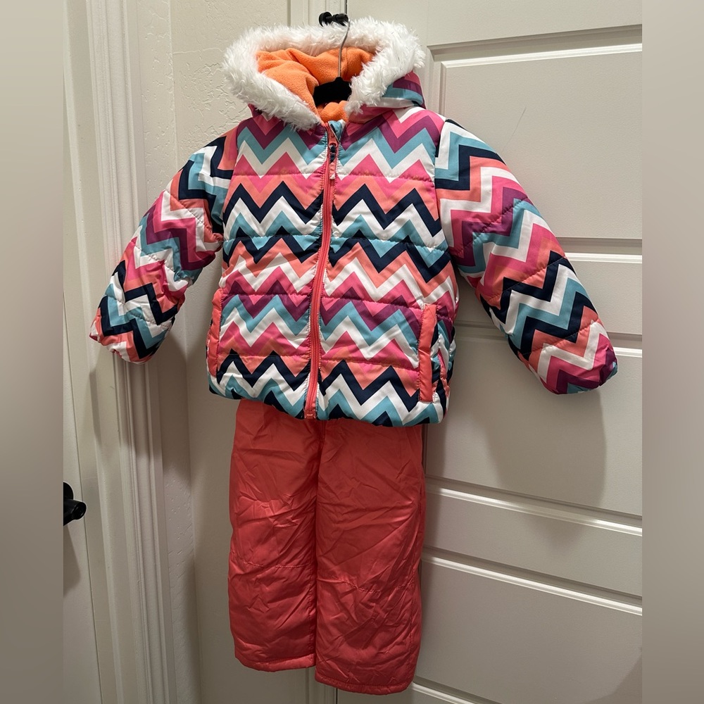 Stevies Pink Multi Chevron Puffer Jacket and Coral Snow Pants
